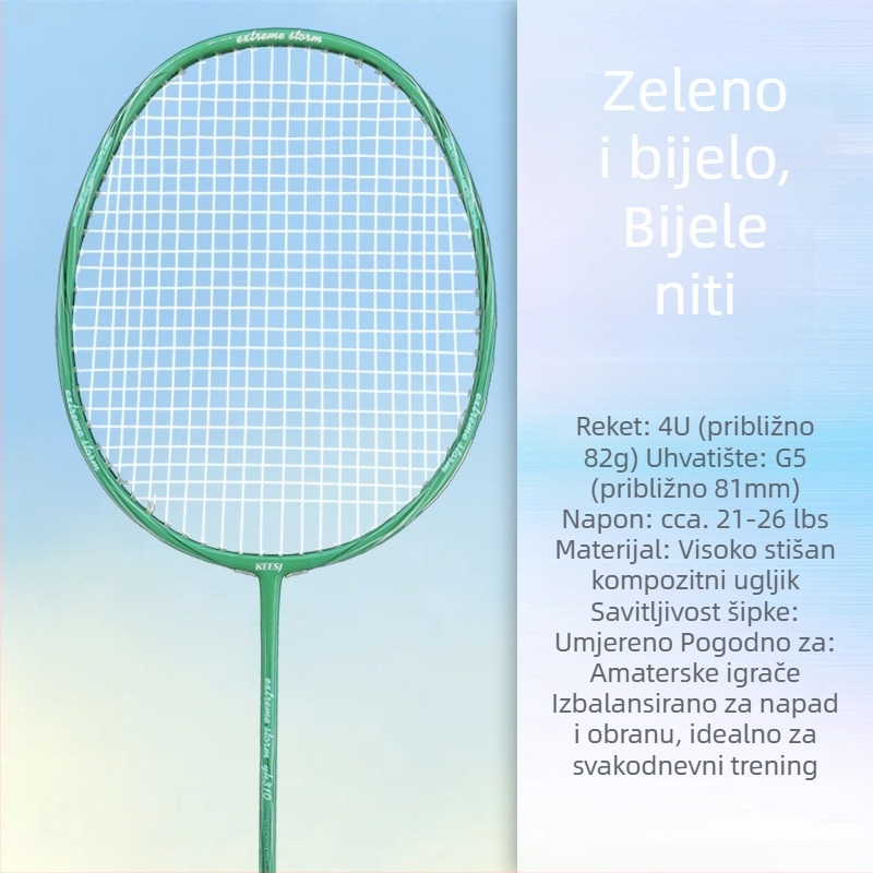 Raketa za badminton – okvir od karbonskih vlakana, težina 85–89 g, direktan udarac, pogodna za početnike