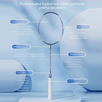 Badminton reketa – okvir od ferrolegure – težina 95–100 g – Tip reketa: direktan udarac – Niti: najlon – Ispis logotipa: moguć – Za amatere i juniore