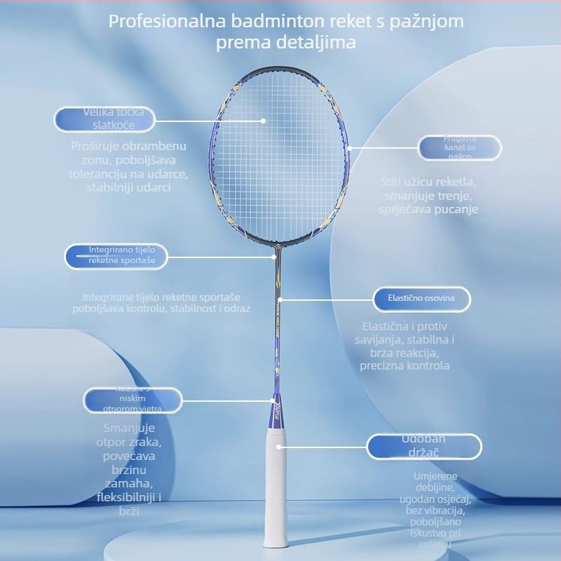 Badminton reketa – okvir od ferrolegure – težina 95–100 g – Tip reketa: direktan udarac – Niti: najlon – Ispis logotipa: moguć – Za amatere i juniore