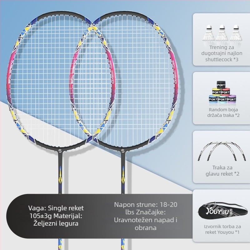Badminton reketa – okvir od ferrolegure – težina 95–100 g – Tip reketa: direktan udarac – Niti: najlon – Ispis logotipa: moguć – Za amatere i juniore