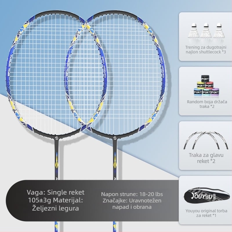 Badminton reketa – okvir od ferrolegure – težina 95–100 g – Tip reketa: direktan udarac – Niti: najlon – Ispis logotipa: moguć – Za amatere i juniore