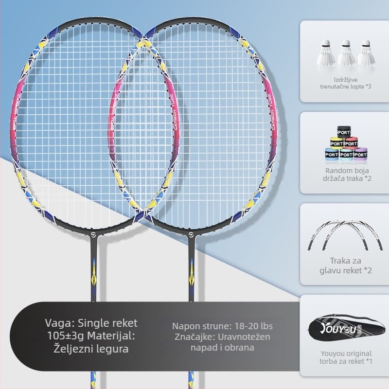 Badminton reketa – okvir od ferrolegure – težina 95–100 g – Tip reketa: direktan udarac – Niti: najlon – Ispis logotipa: moguć – Za amatere i juniore