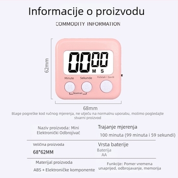 Kaitai KT digitalni timer s alarmom i kronografom, LED prikaz, napajanje baterijom, ABS kućište, pravokutnog oblika