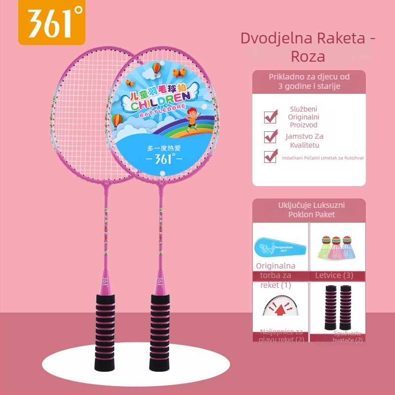 361° Dječja badminton raketa – okvir Ferroalloy, najlon konci, težina 95–100 g, debljina drške G3, dizajn ravnog udara