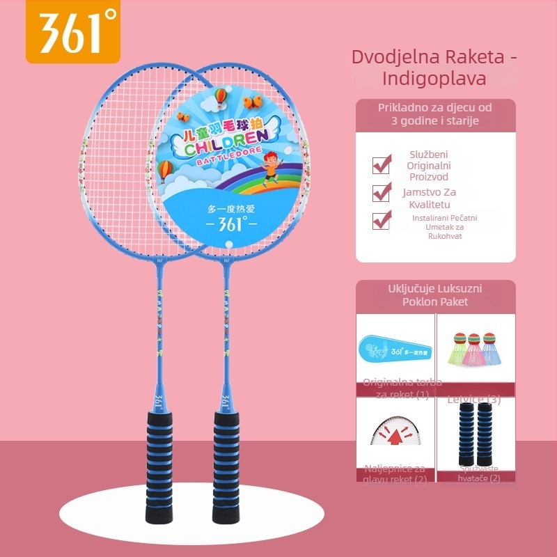 361° Dječja badminton raketa – okvir Ferroalloy, najlon konci, težina 95–100 g, debljina drške G3, dizajn ravnog udara