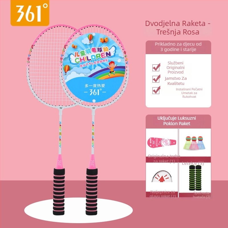 361° Dječja badminton raketa – okvir Ferroalloy, najlon konci, težina 95–100 g, debljina drške G3, dizajn ravnog udara