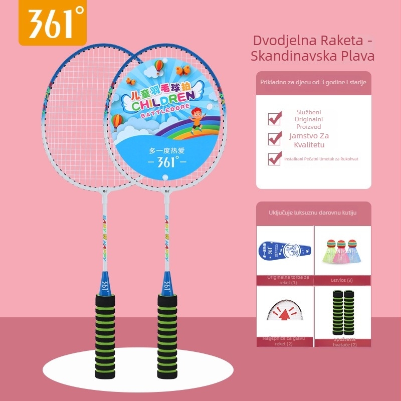 361° Dječja badminton raketa – okvir Ferroalloy, najlon konci, težina 95–100 g, debljina drške G3, dizajn ravnog udara