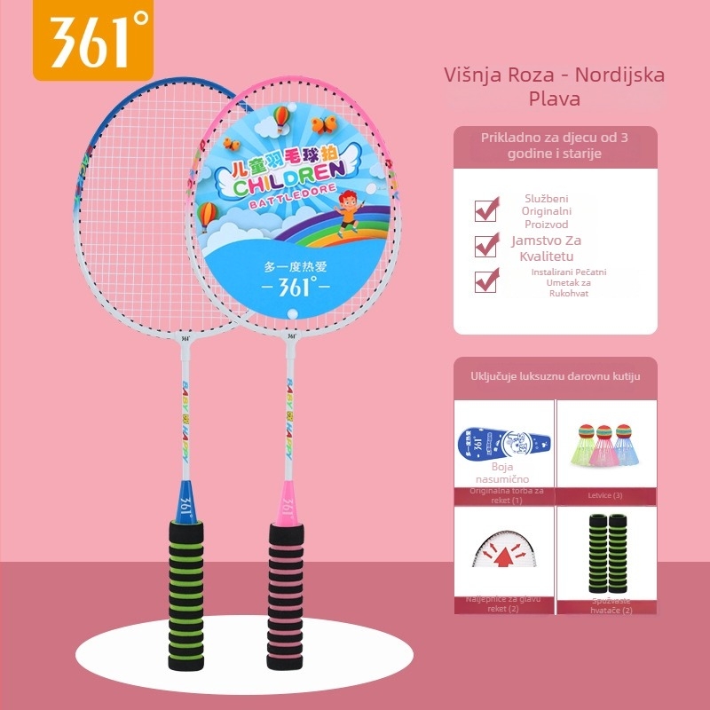 361° Dječja badminton raketa – okvir Ferroalloy, najlon konci, težina 95–100 g, debljina drške G3, dizajn ravnog udara