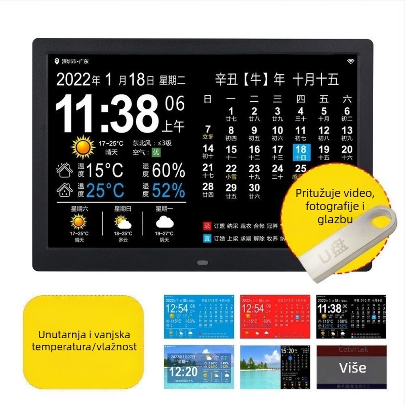 Pametni zidni sat s vječnim kalendarom i LED brojevima, alarmni sat, vanjsko napajanje, plastično kućište, jednostrana konstrukcija