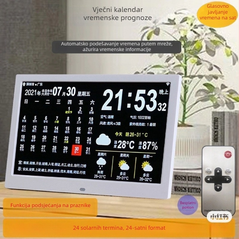 Pametni zidni sat s vječnim kalendarom i LED brojevima, alarmni sat, vanjsko napajanje, plastično kućište, jednostrana konstrukcija