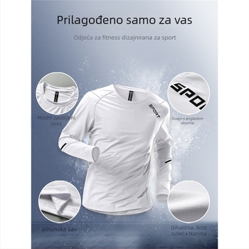 Brzo sušeći muški sportski T-shirt s dugim rukavima, prozračni poliester, udoban kroj, okrugli izrez, geometrijski uzorak