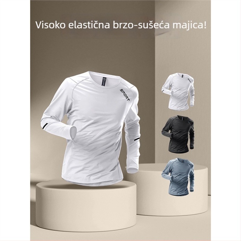 Brzo sušeći muški sportski T-shirt s dugim rukavima, prozračni poliester, udoban kroj, okrugli izrez, geometrijski uzorak
