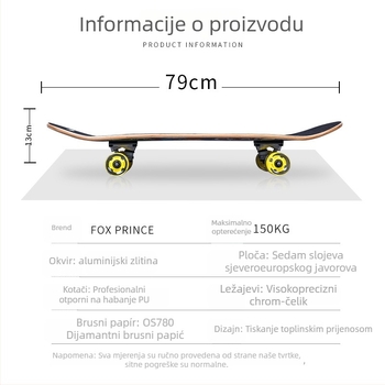 Skateboard FOXPRINE - aluminijska legura, dvostruki rocker, univerzalna upotreba, za početnike