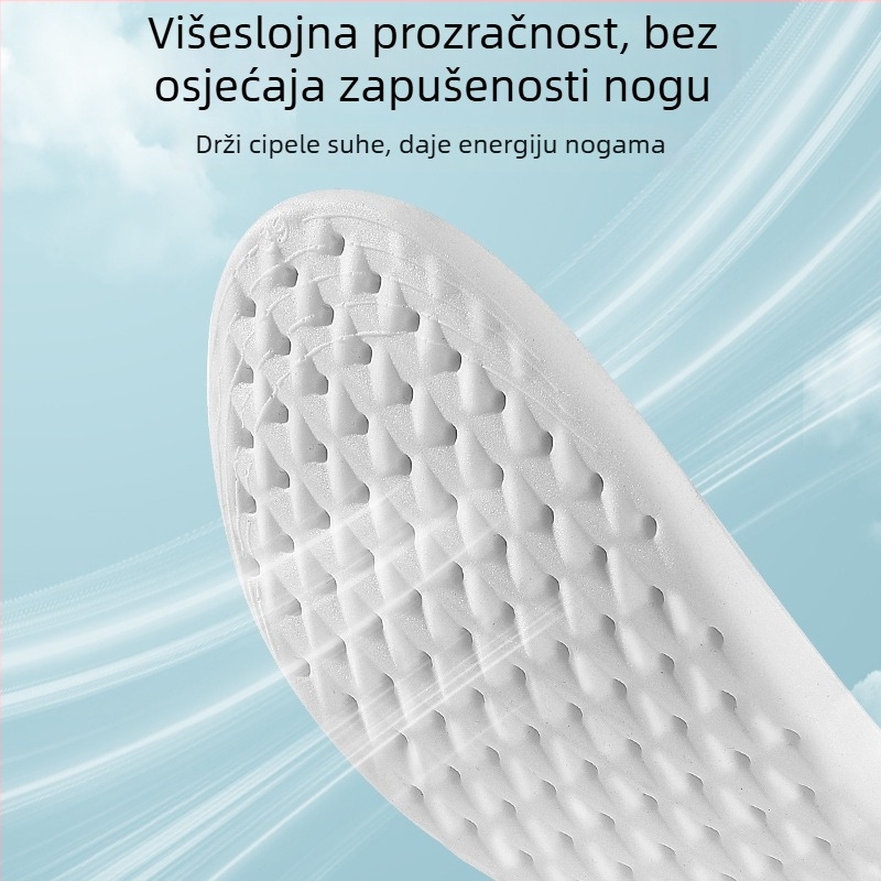 Sportske uloške – PU materijal s antibakterijskom vlaknastom tkaninom; prozračan i upija znoj; visoko elastično ublažavanje udara; masažni učinak i dezodorant; unisex, kompatibilne s tenisicama, kožnim cipelama, čizmama, casual i radnim cipelama