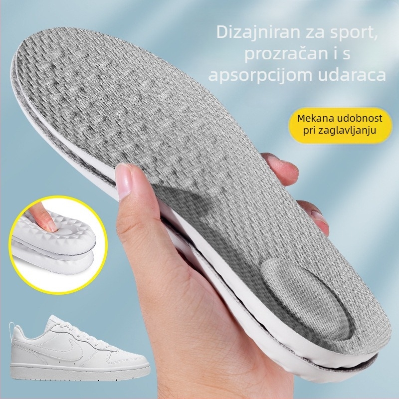Sportske uloške – PU materijal s antibakterijskom vlaknastom tkaninom; prozračan i upija znoj; visoko elastično ublažavanje udara; masažni učinak i dezodorant; unisex, kompatibilne s tenisicama, kožnim cipelama, čizmama, casual i radnim cipelama