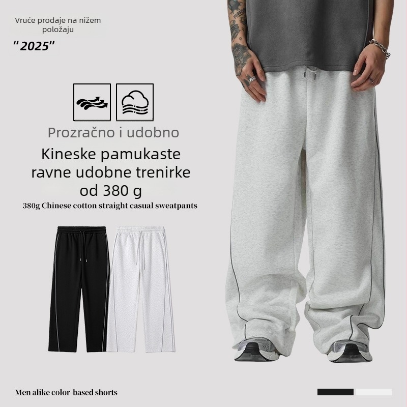 Muške casual hlače ravnog kroja, srednji pojas, s pojasom, 380-gramna pamukova smjesa