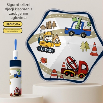 Dječji automatski kišobran za sunce i kišu – 6-rebni okvir od vlakana, 190T vinil tkanina, UPF50+, plastična drška