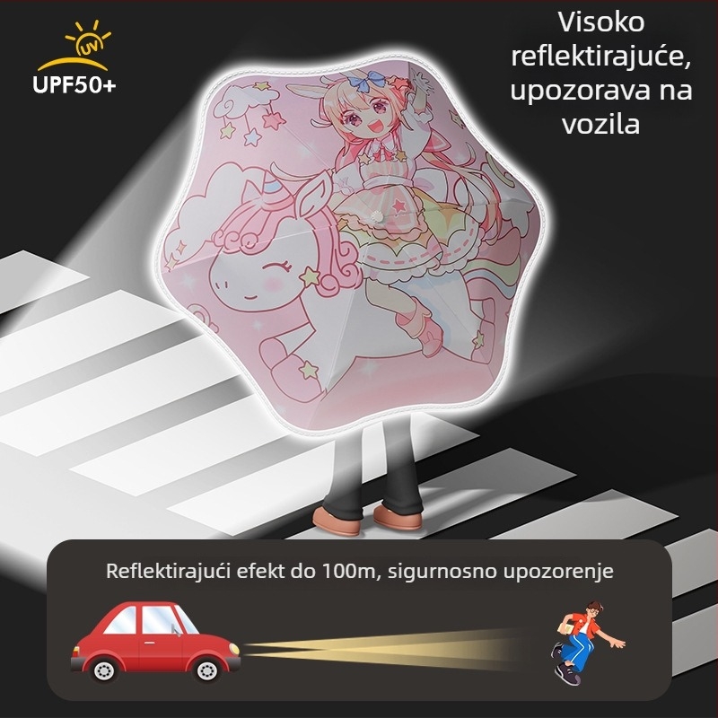 Dječji automatski kišobran za sunce i kišu – 6-rebni okvir od vlakana, 190T vinil tkanina, UPF50+, plastična drška