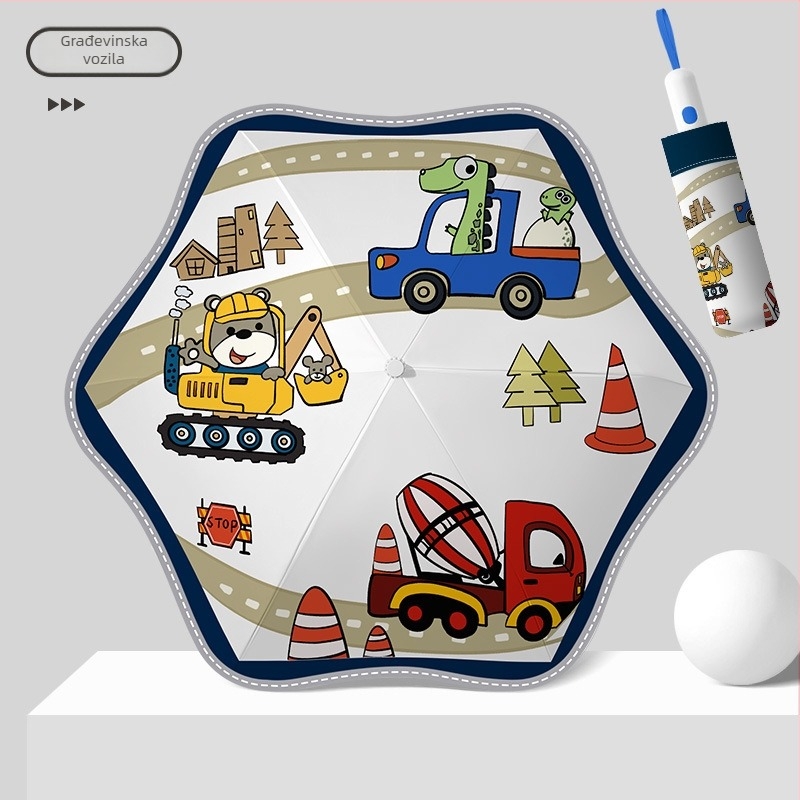 Dječji automatski kišobran za sunce i kišu – 6-rebni okvir od vlakana, 190T vinil tkanina, UPF50+, plastična drška