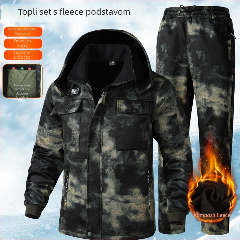 Kamuflažni radni komplet s flisom za jesen-zimu, poliester, topao i otporan na habanje, unisex