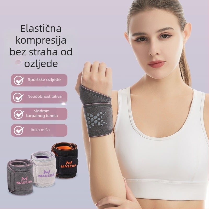 Prozračna kompresijska zaštita zapešća s omotom palca za sportove; Materijali: neopren/OK tkanina/nylon; Zaštićeni dio: zapešće; Primjenjivi sportovi: košarka, nogomet, badminton, odbojka, bejzbol, stolni tenis