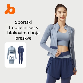 Ženski trodijelni joga set — prugasti uzorak, prozračna smjesa poliestera, 82,5% poliester, 17,5% spandeks podstava, pogodan za trčanje i fitness