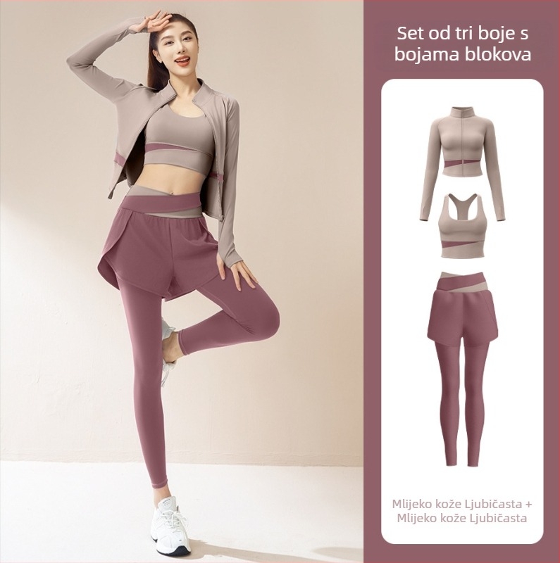 Ženski trodijelni joga set — prugasti uzorak, prozračna smjesa poliestera, 82,5% poliester, 17,5% spandeks podstava, pogodan za trčanje i fitness