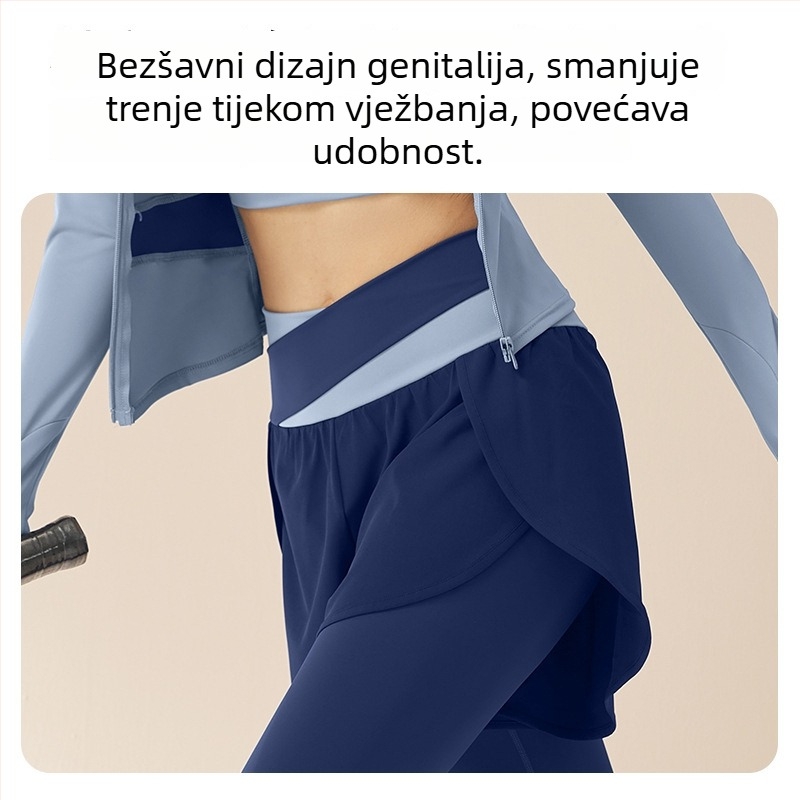 Ženski trodijelni joga set — prugasti uzorak, prozračna smjesa poliestera, 82,5% poliester, 17,5% spandeks podstava, pogodan za trčanje i fitness