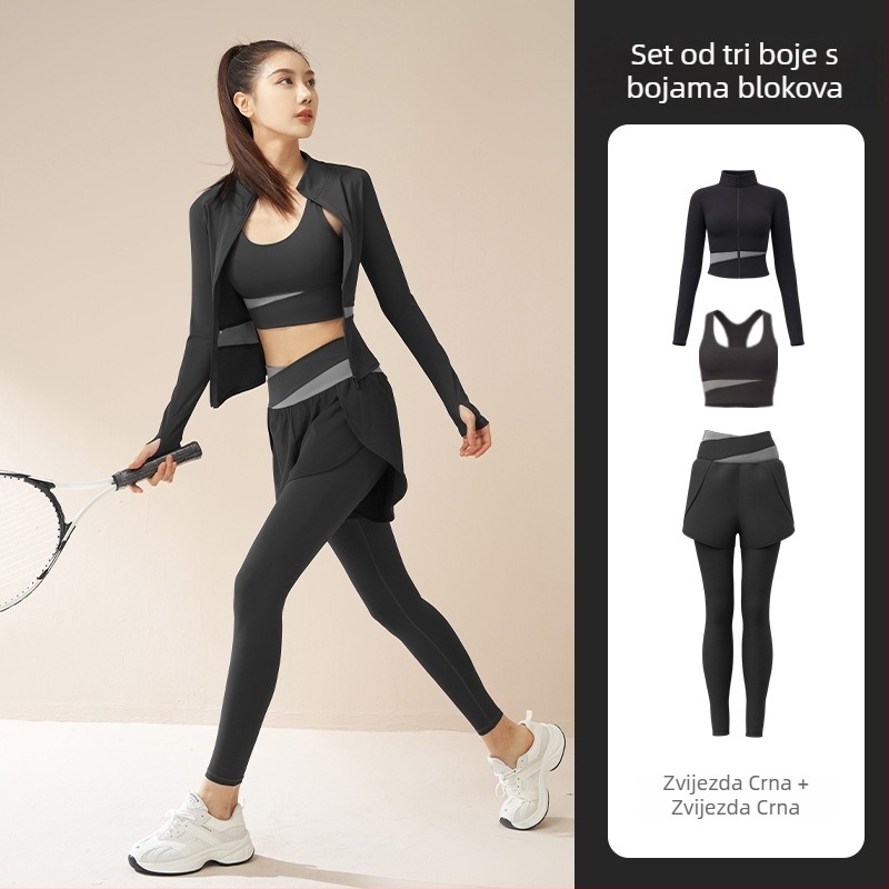 Ženski trodijelni joga set — prugasti uzorak, prozračna smjesa poliestera, 82,5% poliester, 17,5% spandeks podstava, pogodan za trčanje i fitness
