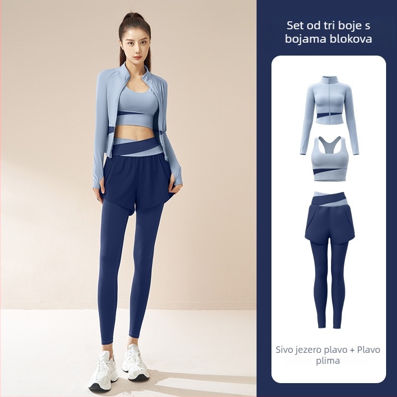 Ženski trodijelni joga set — prugasti uzorak, prozračna smjesa poliestera, 82,5% poliester, 17,5% spandeks podstava, pogodan za trčanje i fitness
