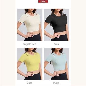 Ženski kratkih rukava joga top s proreznim dizajnom i ugrađenim košaricama, materijal Spandex mješavina 23,2%, podstava Nylon 76,8%, za trčanje i fitness