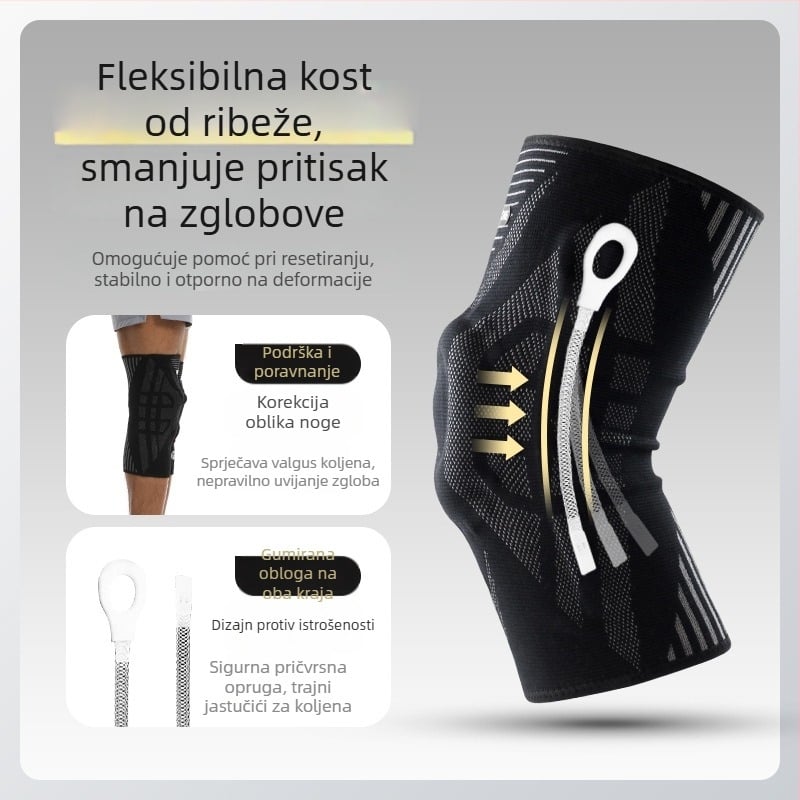 Koljeni štitnici – pleteni najlonski štitnici s gelom od silikona, latex žicom i oprugom; pogodni za sve sportove; težina 144 g