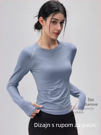 Ženska dugačko rukava fitness majica – uski kroj, prozračna, brzo se suši, 92% najlon / 8% spandex, dužina do bokova, za trčanje i fitness
