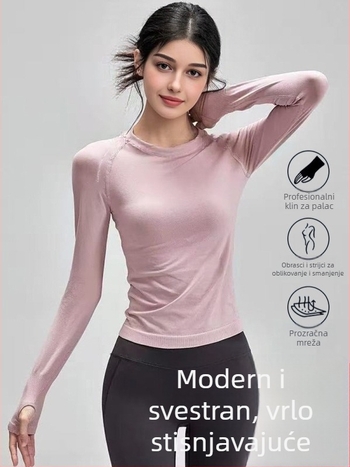 Ženska dugačko rukava fitness majica – uski kroj, prozračna, brzo se suši, 92% najlon / 8% spandex, dužina do bokova, za trčanje i fitness