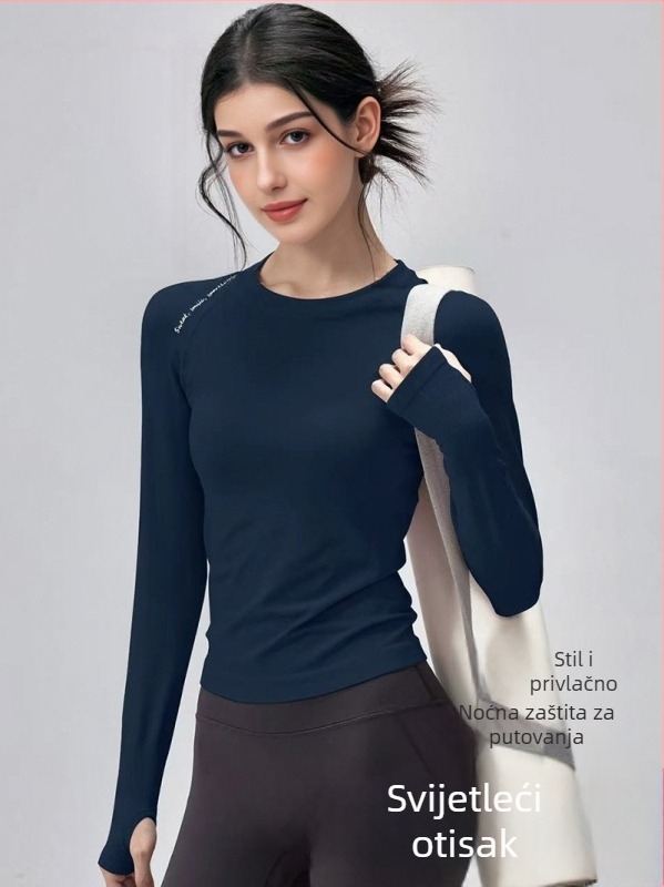 Ženska dugačko rukava fitness majica – uski kroj, prozračna, brzo se suši, 92% najlon / 8% spandex, dužina do bokova, za trčanje i fitness