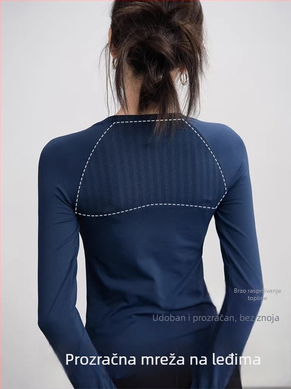 Ženska dugačko rukava fitness majica – uski kroj, prozračna, brzo se suši, 92% najlon / 8% spandex, dužina do bokova, za trčanje i fitness
