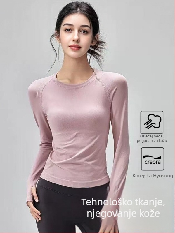 Ženska dugačko rukava fitness majica – uski kroj, prozračna, brzo se suši, 92% najlon / 8% spandex, dužina do bokova, za trčanje i fitness