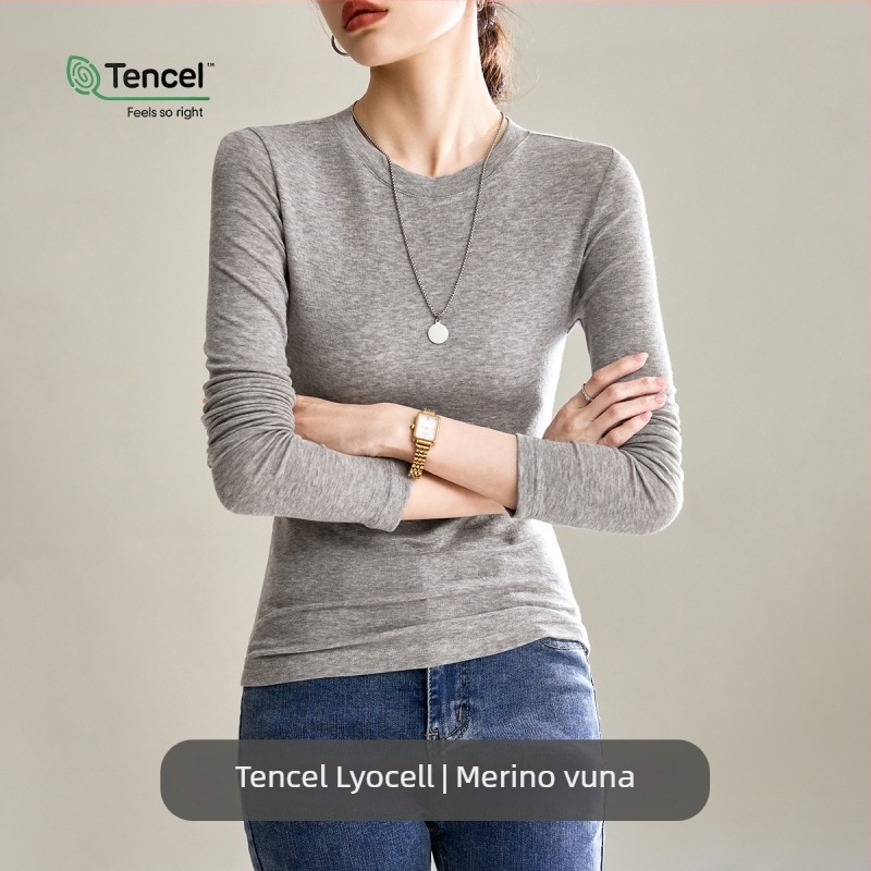 Damska majica s dugim rukavima od Tencel/Lyocell i vuna, jednobojni uzorak, elegantan gradski stil, uski kroj