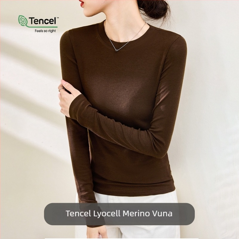 Damska majica s dugim rukavima od Tencel/Lyocell i vuna, jednobojni uzorak, elegantan gradski stil, uski kroj