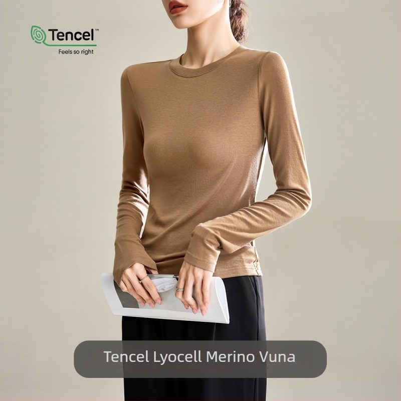 Damska majica s dugim rukavima od Tencel/Lyocell i vuna, jednobojni uzorak, elegantan gradski stil, uski kroj
