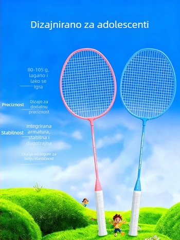 Reket za badminton, okvir od željezne legure, najlonske žice, težina 95–100 g, ravni osovina, umjerena tvrdoća