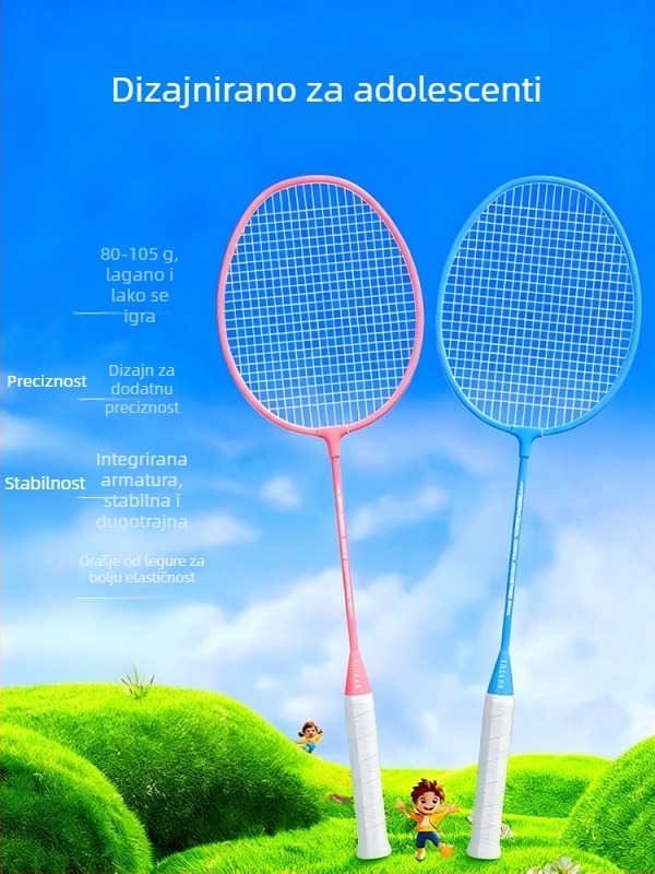 Reket za badminton, okvir od željezne legure, najlonske žice, težina 95–100 g, ravni osovina, umjerena tvrdoća