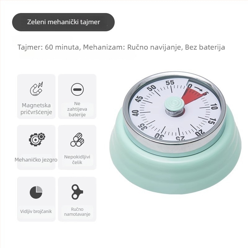 Mehanički vizualni štoperica s magnetskim držajem za kuhinju i učenje – okruglo ABS kućište, ručni pogon, kazalni prikaz, kronometar