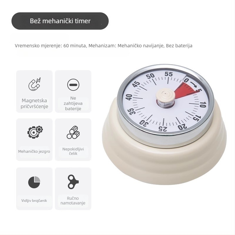 Mehanički vizualni štoperica s magnetskim držajem za kuhinju i učenje – okruglo ABS kućište, ručni pogon, kazalni prikaz, kronometar
