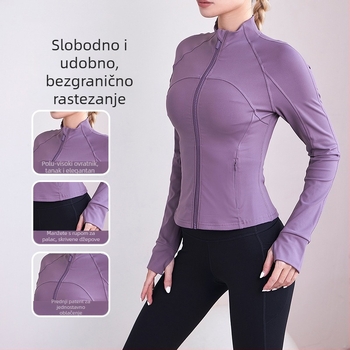 Ženska fitness jakna sa stojećim ovratnikom, džepom na zip, dugim rukavima, rastezljiva, brzo se suši – najlonska mješavina