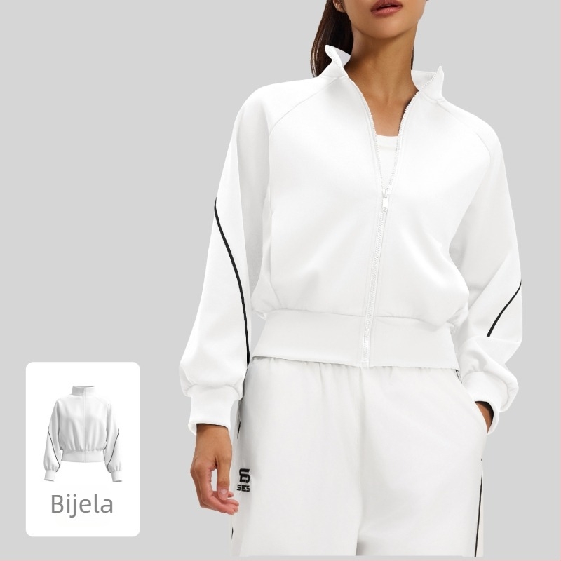 Ženska jesen-zima vanjska jakna sa prugastim color-block uzorom, stojeći ovratnik, debeli poliester