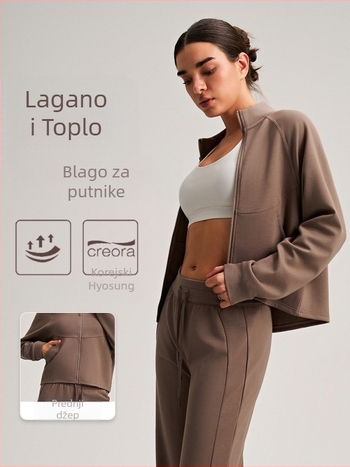 Ženska sportska jakna s visokim ovratnikom, dugim rukavima, uskim krojem, velikim džepom, jesenski casual