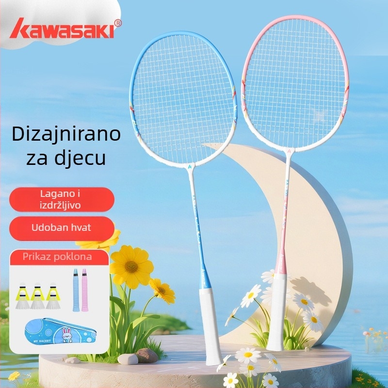 Kawasaki Dječji lagani set za badminton – 2 reketa, 3 lopte; okvir od željeznog zlitka, najlonske žice, težina 95–100 g, G4 drška, ravna raketa