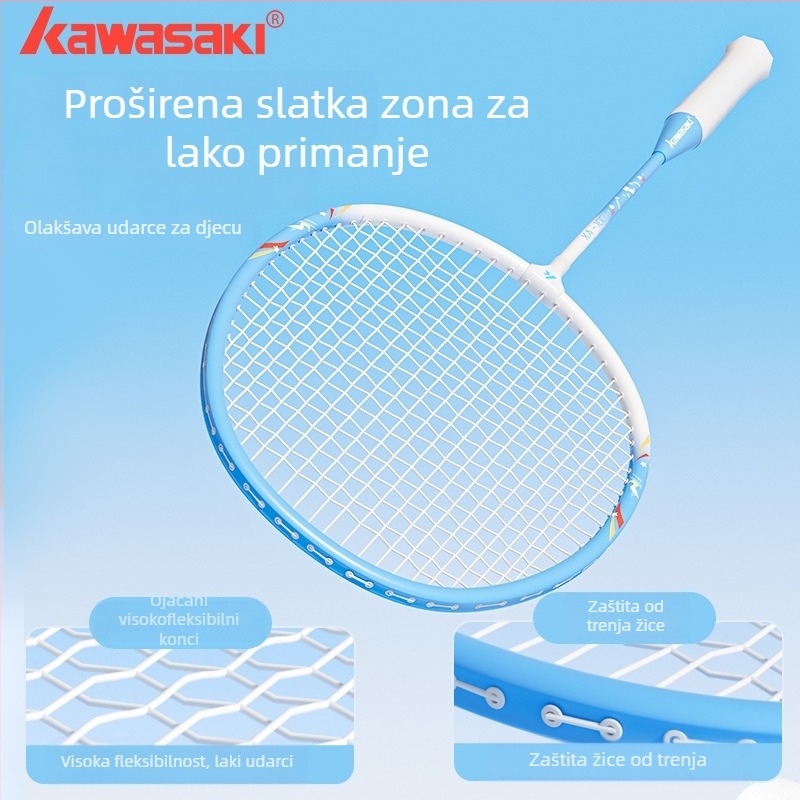 Kawasaki Dječji lagani set za badminton – 2 reketa, 3 lopte; okvir od željeznog zlitka, najlonske žice, težina 95–100 g, G4 drška, ravna raketa