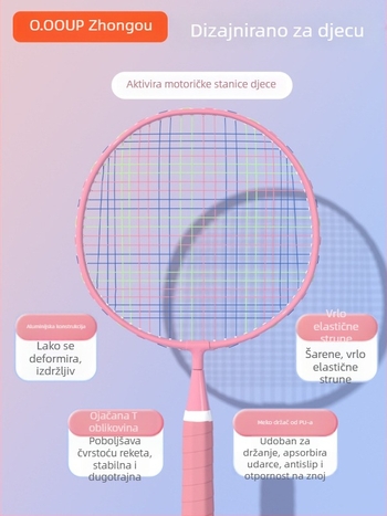 Dječja badminton raketa, okvir od željezne legure, težina 90–94 g, drška G2, tip reketa: ravna